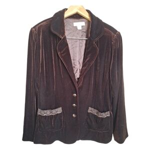 CJ Banks Silky Brown Velvet Blazer with Lace Trim Pockets - Women’s Size 1X